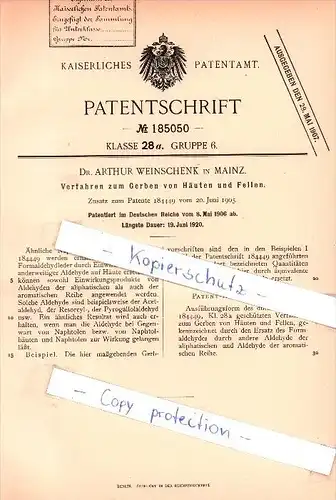 Original Patent   - Dr. Arthur Weinschenk in Mainz , 1920 ,  Gerben von Häuten und Fellen !!!