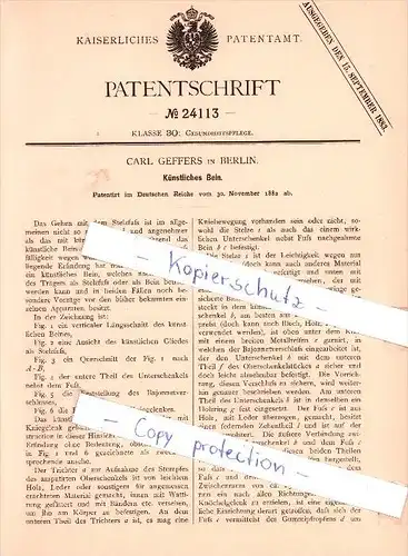 Original Patent   - Carl Geffers in Berlin , 1882 , Künstliches Bein , Orthopädie , Prothese !!!