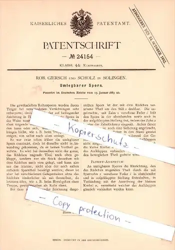 Original Patent   - Rob. Giersch und Scholz in Solingen , 1883 ,Umlegbarer Sporn !!!