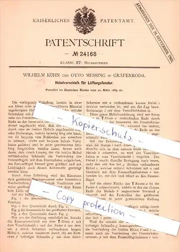 Original Patent   - W. Kühn und O. Messing in Gräfenroda , 1883 , Hebelverschluß für Lüftungsfenster !!!