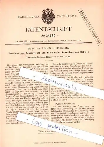 Original Patent   - Otto von Roden in Hamburg , 1882 , Conservirung von Milch !!!