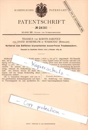 Original Patent   - T. von Korvin-Sakovicz und D. Rosenblum in Warschau , Russland , 1883 , !!!