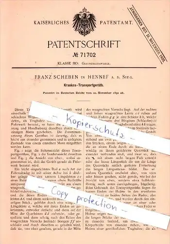 Original Patent   - Franz Scheben in Hennef a. d. Sieg , 1892 , Kranken - Transportgeräth , Krankenhaus , Arzt  !!!