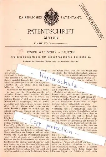 Original Patent   - Joseph Waneschek in Bautzen , 1892 ,Treibriemenaufleger mit Leitscheibe  !!!