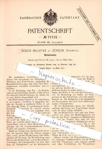 Original Patent   - Julius Billeter in Zürich , Schweiz , 1893 , Rechenwalze , Mathematik , Unterricht , Schule !!!