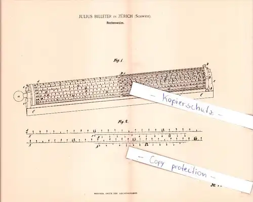 Original Patent   - Julius Billeter in Zürich , Schweiz , 1893 , Rechenwalze , Mathematik , Unterricht , Schule !!!