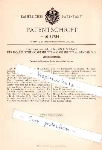 Original Patent   - Direction der AG der Holler`schen Carlshütte in Carlshütte bei Rendsburg , 1893 , !!!