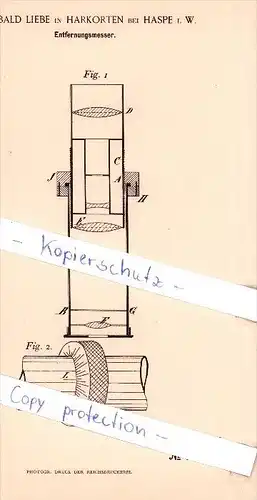 Original Patent   - Willibald Liebe in Harkorten bei Haspe i. W. , 1892 , Entfernungsmesser !!!