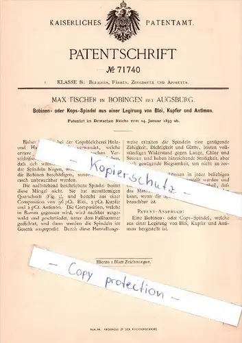 Original Patent   - Max Fischer in Bobingen bei Augsburg , 1893 , Bobinen- oder Kops-Spindel  !!!