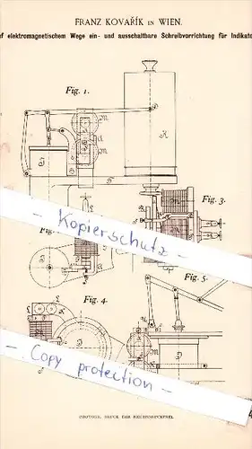 Original Patent   - Franz Kovarik in Wien  , 1893 , Schreibvorrichtung für Indikatoren !!!