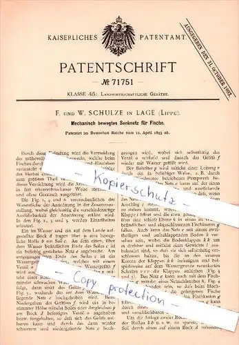 Original Patent   - W. Schulze in Lage , Lippe , 1893 , Senknetz für Fische , Fischerei , Fischer !!!