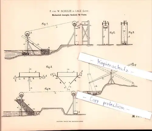 Original Patent   - W. Schulze in Lage , Lippe , 1893 , Senknetz für Fische , Fischerei , Fischer !!!