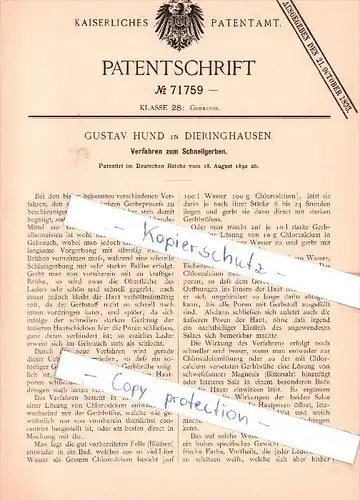 Original Patent   - Gustav Hund in Dieringhausen , 1892 , Verfahren zum Schnellgerben , Gerberei , Gummersbach !!!