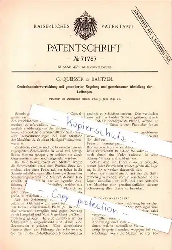 Original Patent   - G. Queisser in Bautzen , 1892 , Centralschmiervorrichtung , Maschinenbau !!!