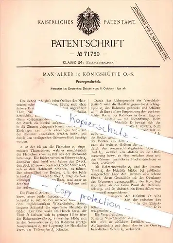 Original Patent  - Maxin Alker in Königshütte / Chorzow, 1892 , Feuergeschränk , Heizung , Schlesien !!!