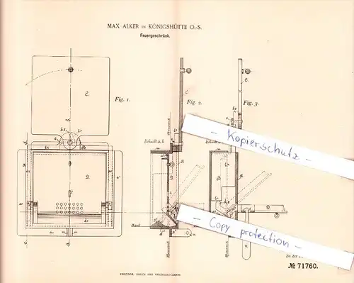 Original Patent  - Maxin Alker in Königshütte / Chorzow, 1892 , Feuergeschränk , Heizung , Schlesien !!!