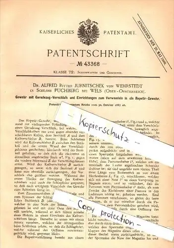 Original Patentschrift - Dr. A. Ritter Jurnitschek von Wehrstedt auf Schloß Puchberg b. Wels , 1901 , Gewehr , Jagd !!!