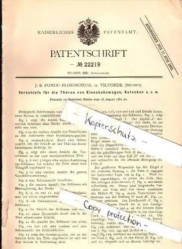 Original Patent - J.B. Fondu-Bloemendal in Vilvorde , 1882 ,Verschluss für Türen von Eisenbahn und Kutschen , Vilvoorde