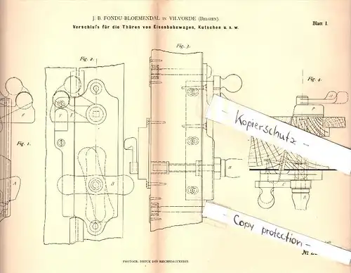 Original Patent - J.B. Fondu-Bloemendal in Vilvorde , 1882 ,Verschluss für Türen von Eisenbahn und Kutschen , Vilvoorde