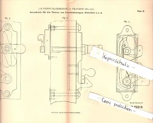 Original Patent - J.B. Fondu-Bloemendal in Vilvorde , 1882 ,Verschluss für Türen von Eisenbahn und Kutschen , Vilvoorde