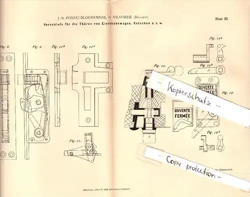Original Patent - J.B. Fondu-Bloemendal in Vilvorde , 1882 ,Verschluss für Türen von Eisenbahn und Kutschen , Vilvoorde