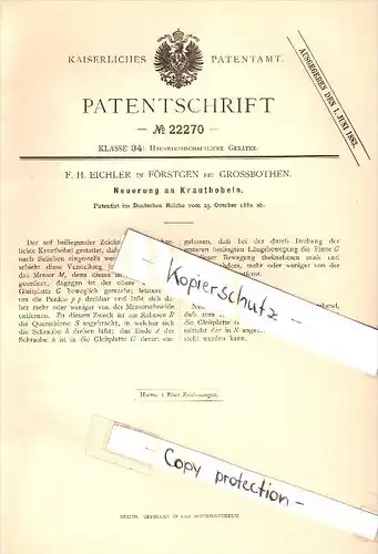 Original Patent - F.H. Eichler in Förstgen b. Großbothen / Grimma , 1882 , Krauthobel , Kössern !!!