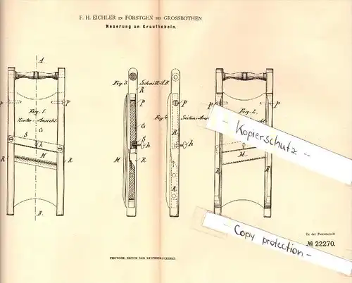 Original Patent - F.H. Eichler in Förstgen b. Großbothen / Grimma , 1882 , Krauthobel , Kössern !!!