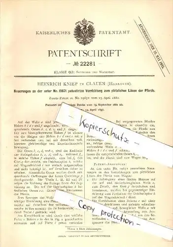 Original Patent - Heinrich Kniep in Clauen b. Hohenhameln , 1882 , Lösevorrichtung für Pferde , Hannover !!!