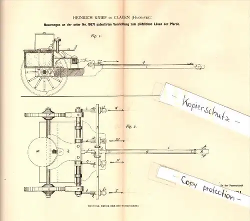 Original Patent - Heinrich Kniep in Clauen b. Hohenhameln , 1882 , Lösevorrichtung für Pferde , Hannover !!!