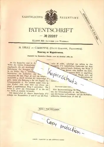 Original Patent - M. Dirat à Carbonne , Haute-Garonne , 1882 , Freins pour entraineurs !!