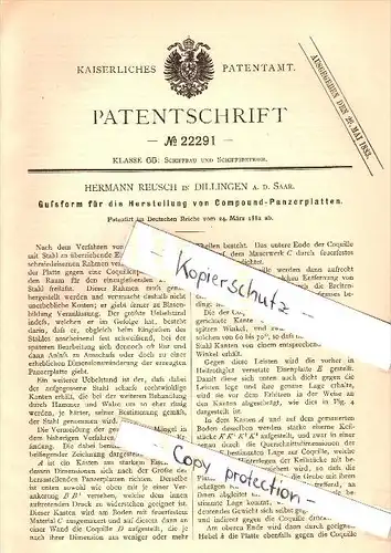 Original Patent - Hermann Reusch in Dillingen a.d. Saar , 1882 , Herstellung von Compound-Panzerplatten   !!