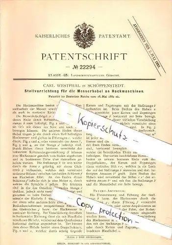 Original Patent - Carl Westphal in Schöppenstedt b. Wolfenbüttel , 1882 , Stellvorrichtung für Hackmaschinen , Agrar !!