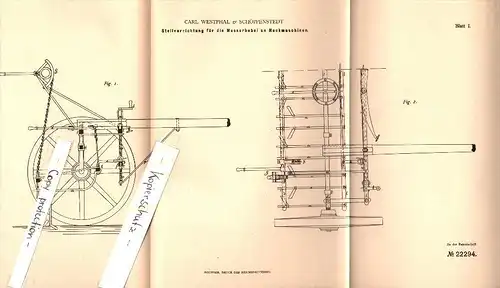 Original Patent - Carl Westphal in Schöppenstedt b. Wolfenbüttel , 1882 , Stellvorrichtung für Hackmaschinen , Agrar !!