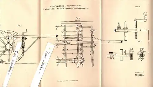 Original Patent - Carl Westphal in Schöppenstedt b. Wolfenbüttel , 1882 , Stellvorrichtung für Hackmaschinen , Agrar !!