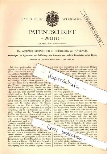 Original Patent - Dr. Werner Schneider in Lehrberg b. Ansbach , 1882 , Apparat zur Entfettung von Knochen !!!