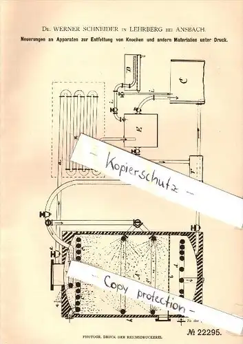 Original Patent - Dr. Werner Schneider in Lehrberg b. Ansbach , 1882 , Apparat zur Entfettung von Knochen !!!