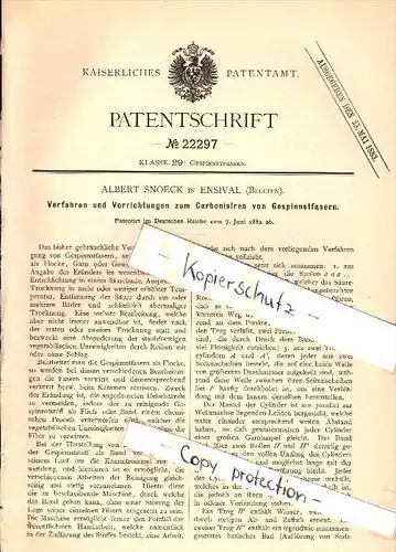 Original Patent - Albert Snoeck in Ensival b. Verviers , 1882 , Carbonisieren von Gespinnstfasern , Gewebe !!!
