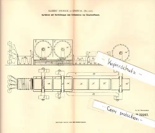 Original Patent - Albert Snoeck in Ensival b. Verviers , 1882 , Carbonisieren von Gespinnstfasern , Gewebe !!!