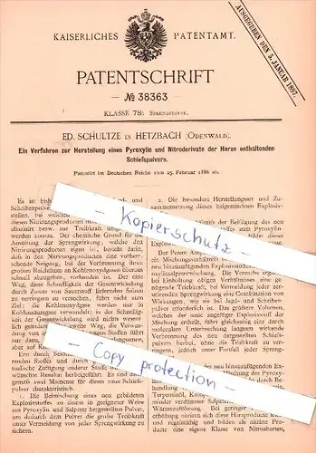 Original Patent  - Ed. Schultze in Hetzbach , Odenwald , 1886 , Herstellung eines Pyroxylin  !!!