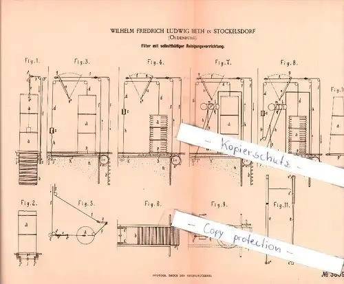 Original Patent  - W. F. L. Beth in Stockelsdorf , Oldenburg , 1886 , selbstthätige Reinigungsvorrichtung !!!