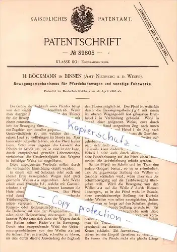 Original Patent  - H. Böckmann in Binnen , Amt Nienburg a. d. Weser , 1886 , Eisenbahnbetrieb !!!