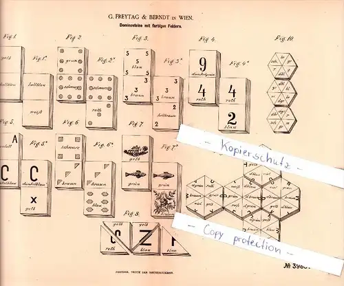 Original Patent  - G. Freytag & Berndt in Wien , 1886 , Dominosteine mit farbigen Feldern , Domino !!!