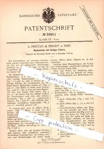 Original Patent  - G. Freytag & Berndt in Wien , 1886 , Dominosteine mit farbigen Feldern , Domino !!!