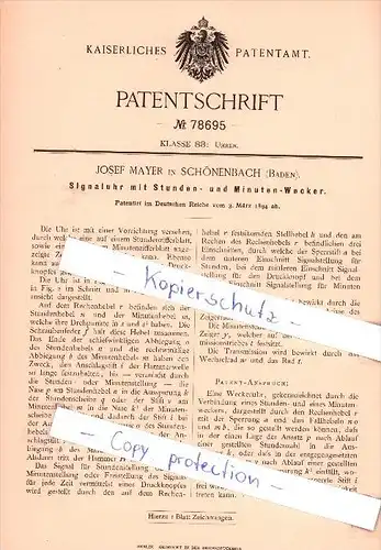 Original Patent  - J. Mayer in Schönenbach , Baden , 1894 , Signaluhr mit Stunden- und Minuten-Wecker !!!