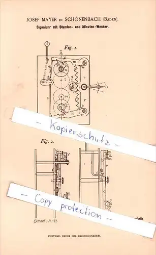 Original Patent  - J. Mayer in Schönenbach , Baden , 1894 , Signaluhr mit Stunden- und Minuten-Wecker !!!