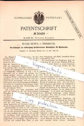 Original Patent  - Eugen Sichla in Innsbruck , 1884 , Anfertigung durchbrochener Notenblätter . Musikalien , Musik !!!