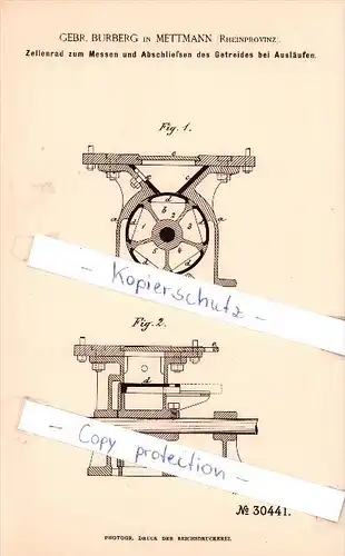 Original Patent  - Gebr. Burberg in Mettmann , Rheinprovinz , 1884 ,  Zellenrad zum Messen  !!!
