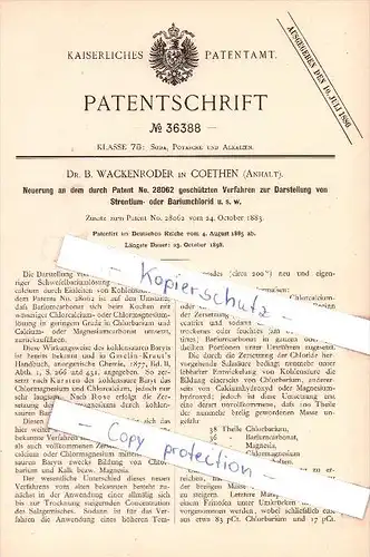 Original Patent  - Dr. B. Wackenroder in Coethen , 1885 ,  Darstellung von Bariumchlorid , Köthen , Cöthen !!!