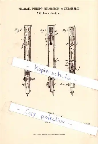 Original Patent  - Michael Philipp Helmreich in Nürnberg , 1886 , Füllfederhalter !!!