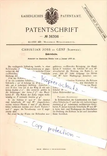 Original Patent  - Christian Joss in Genf , Schweiz , 1886 , Bohrratsche !!!